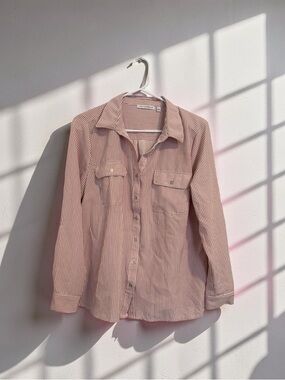 Dusty Rose and White Striped Blouse – Lightweight Button Front Long Sleeve Top